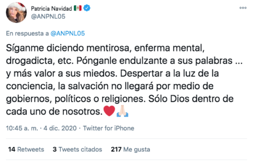 Tuit de paty Navidad sobre insultos en redes