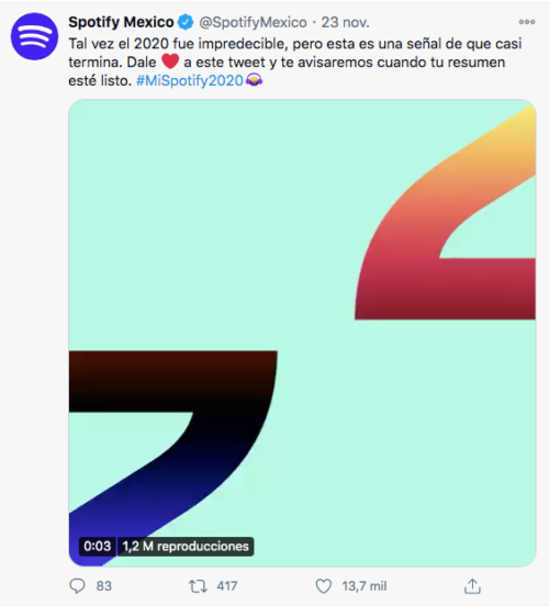 Tuit de spotify 2020 sobre el wrapped del 2020
