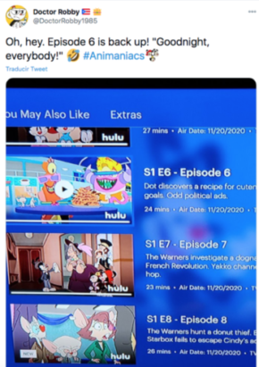 Tuits burlándose del episodio erótico de animaniacs