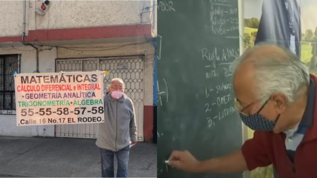 Abuelo con su cartel para dar clases de matematicas