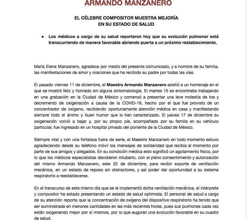Armando Manzanero es intubado pese a que pidió a su familia no hacerlo