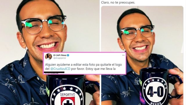 Capi Pérez pide ayuda para quitar logo del Cruz de su taza.