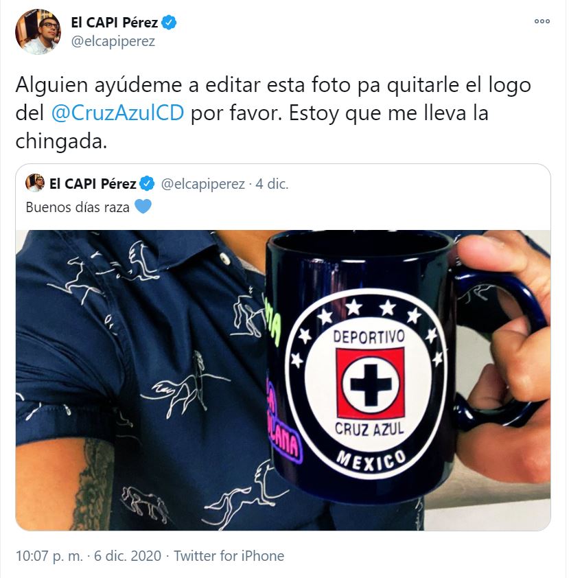 Capi Pérez pide ayuda para quitar el logo del Cruz Azul de foto.