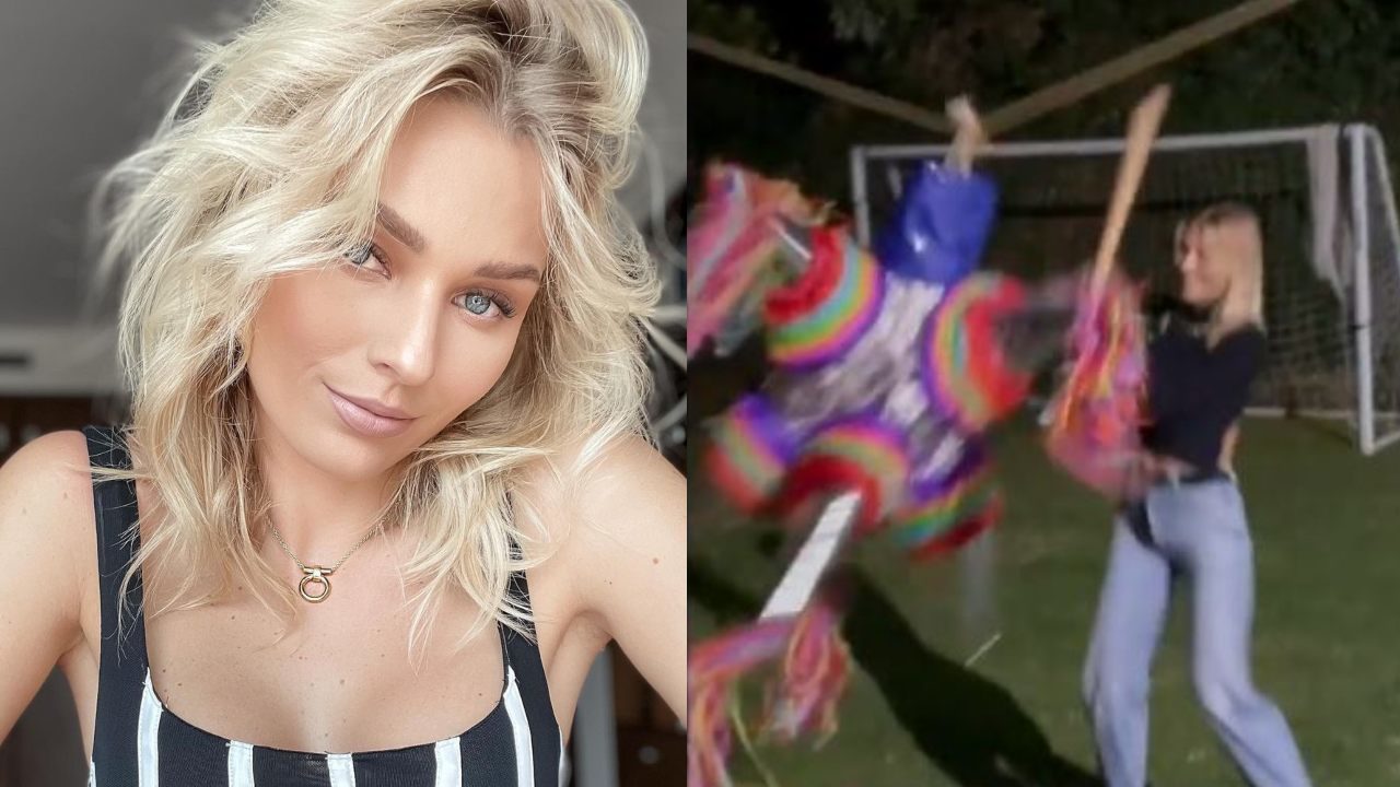 Irina Baeva se emociona al romper una piñata por primera vez; no perdió el tino