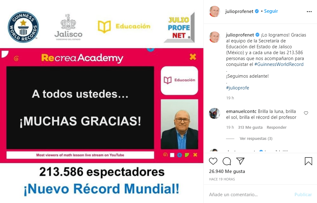 Julioprofe consigue el Récord Guinness con la clase de matemáticas con más espectadores del mundo