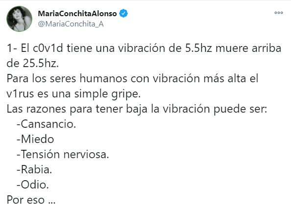 "Hay que vibrar alto" contra la Covid-19 asegura MarÃ­a Conchita Alonso