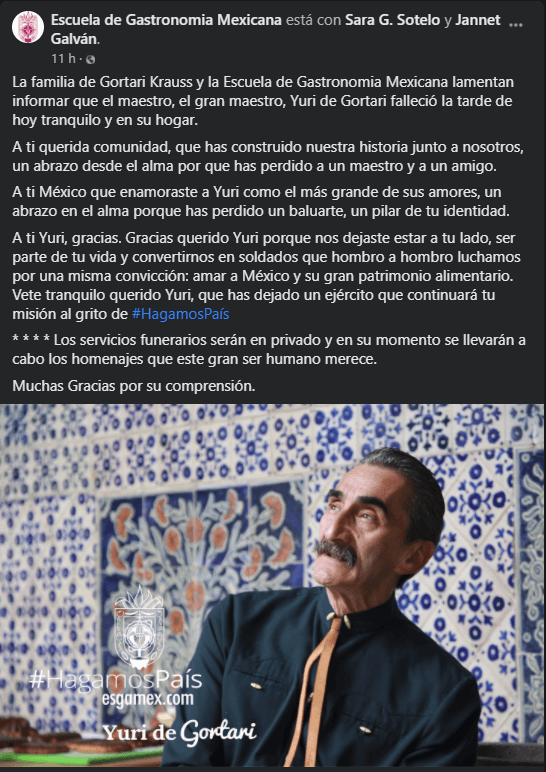 Murió Yuri de Gortari Krauss, chef fundador de la Escuela de Gastronomía Mexicana