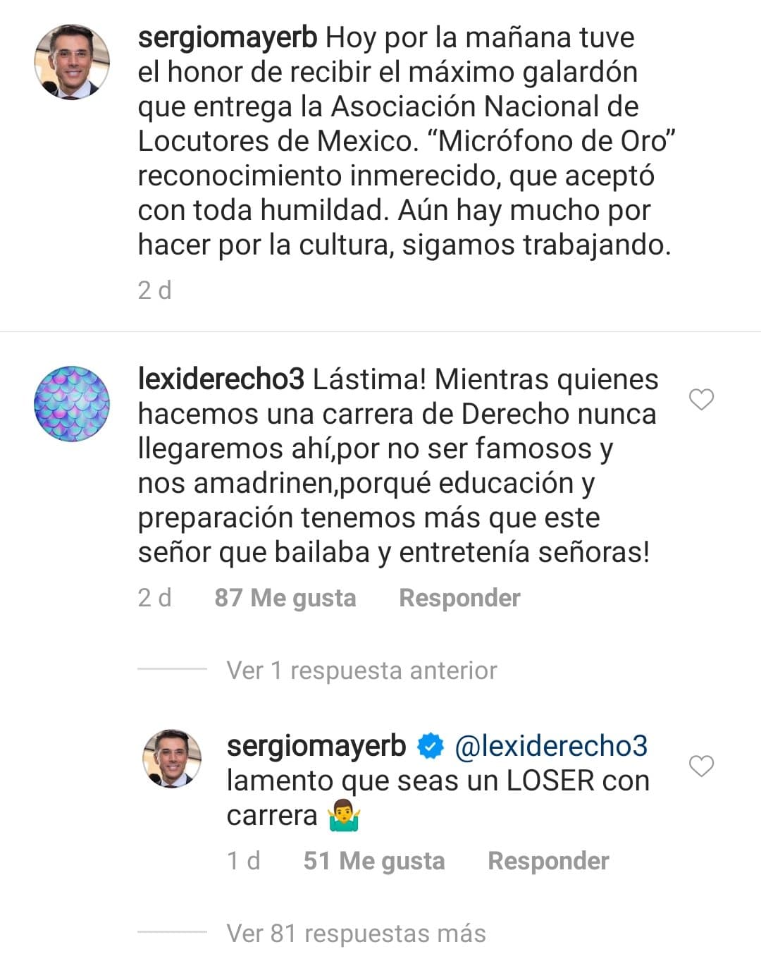 Sergio Mayer llama perdedores "loser sin carrera" a quienes lo critican