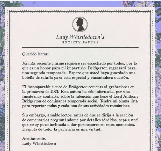 Comunicado segunda temporada de la serie Bridgerton