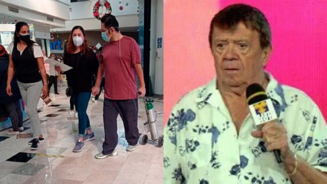 Hombre con tanque de oxígeno en centro comercial