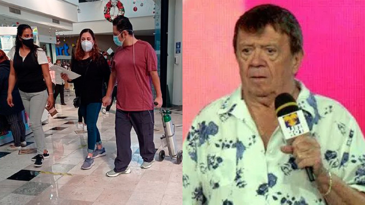 Hombre con tanque de oxígeno en centro comercial