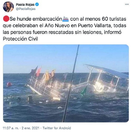 Tuit de la embarcación que se hundió en México