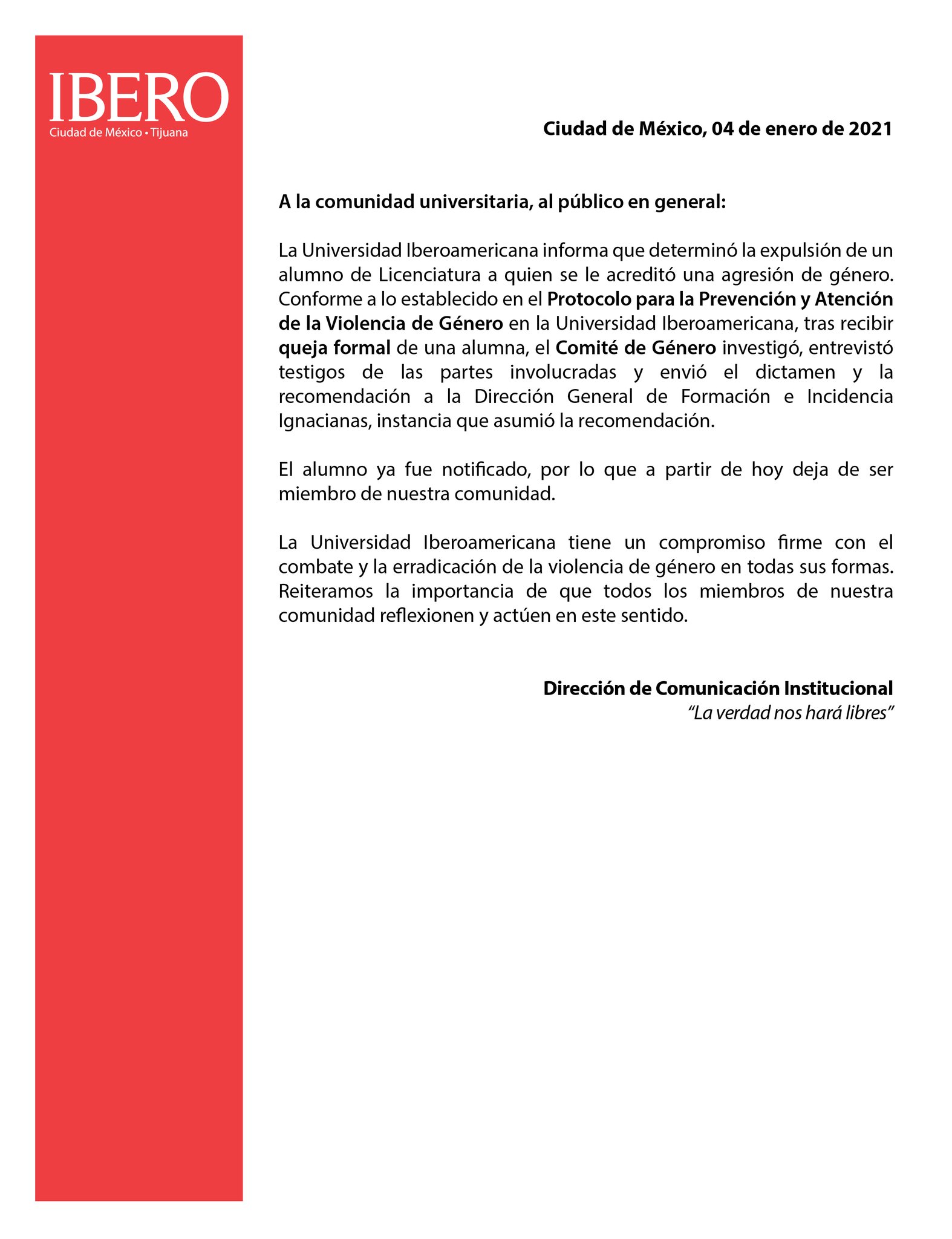 Comunicado de la expulsión de Memo Aponte de la Ibero