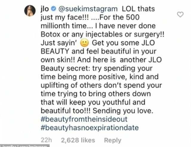Comentario de Jlo en Instagram sobre botox