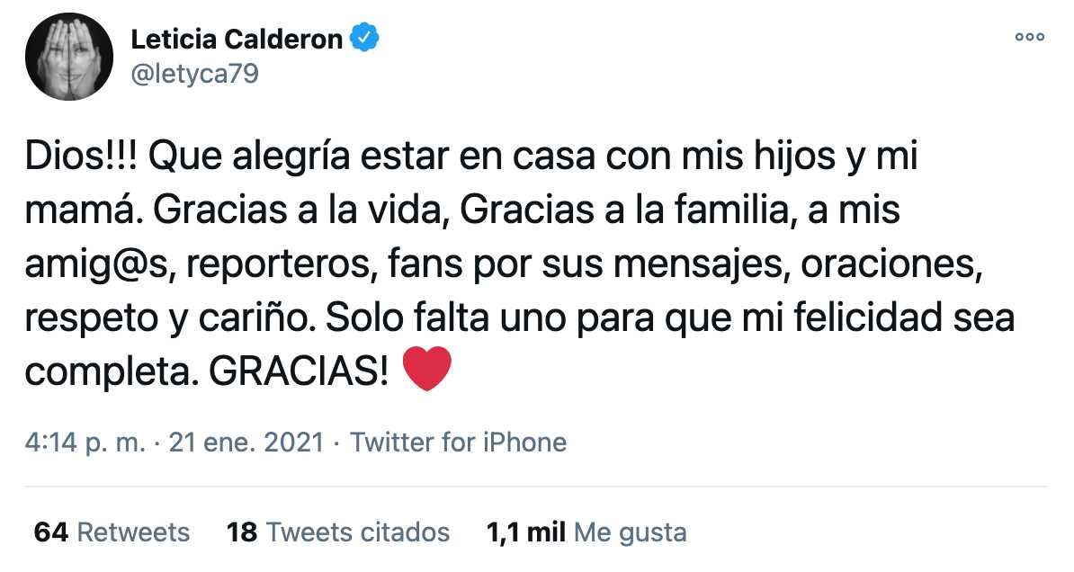 Lety Calderón anuncia su salida del hospital