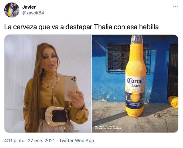 Meme del cinturón de Thalía abriendo cerveza