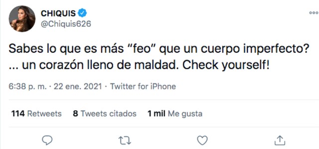 Tuit de la chiquis rivera sobre críticas de su cuerpo