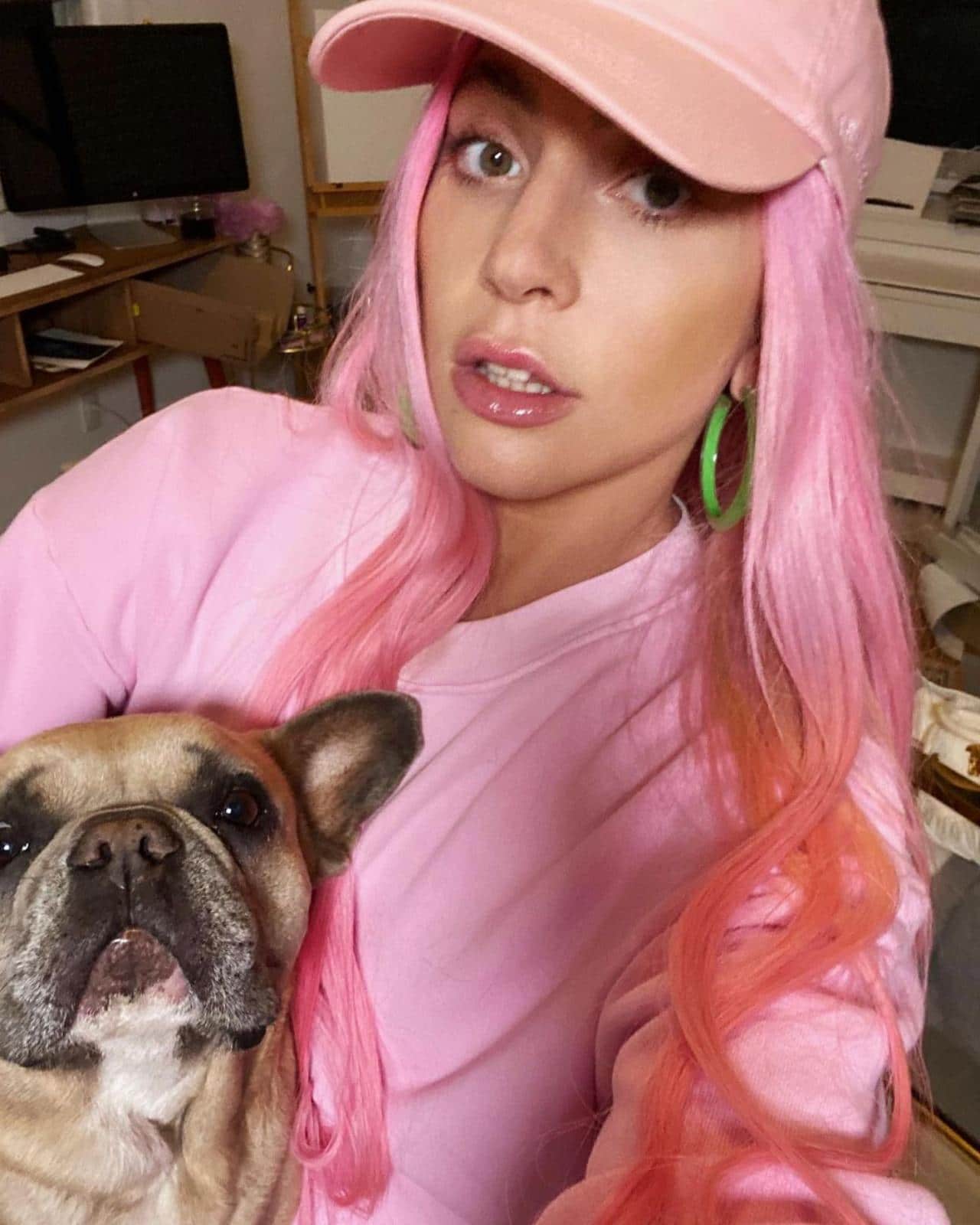Lady Gaga con cabello rosa y su perro