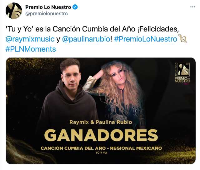 Raymix y Paulina Rubio ganan Premio Lo nuestro a mejor cumbia