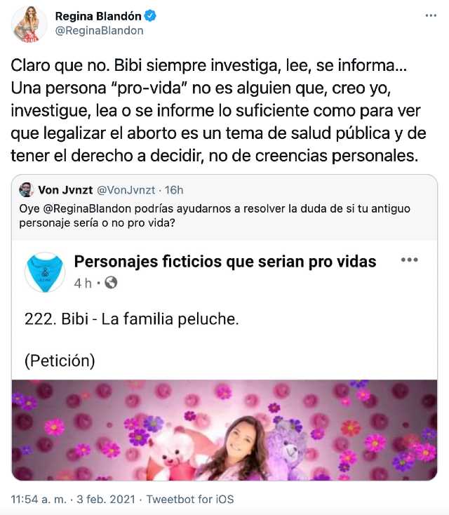 Regina Blandon aclara si Bibi es provida