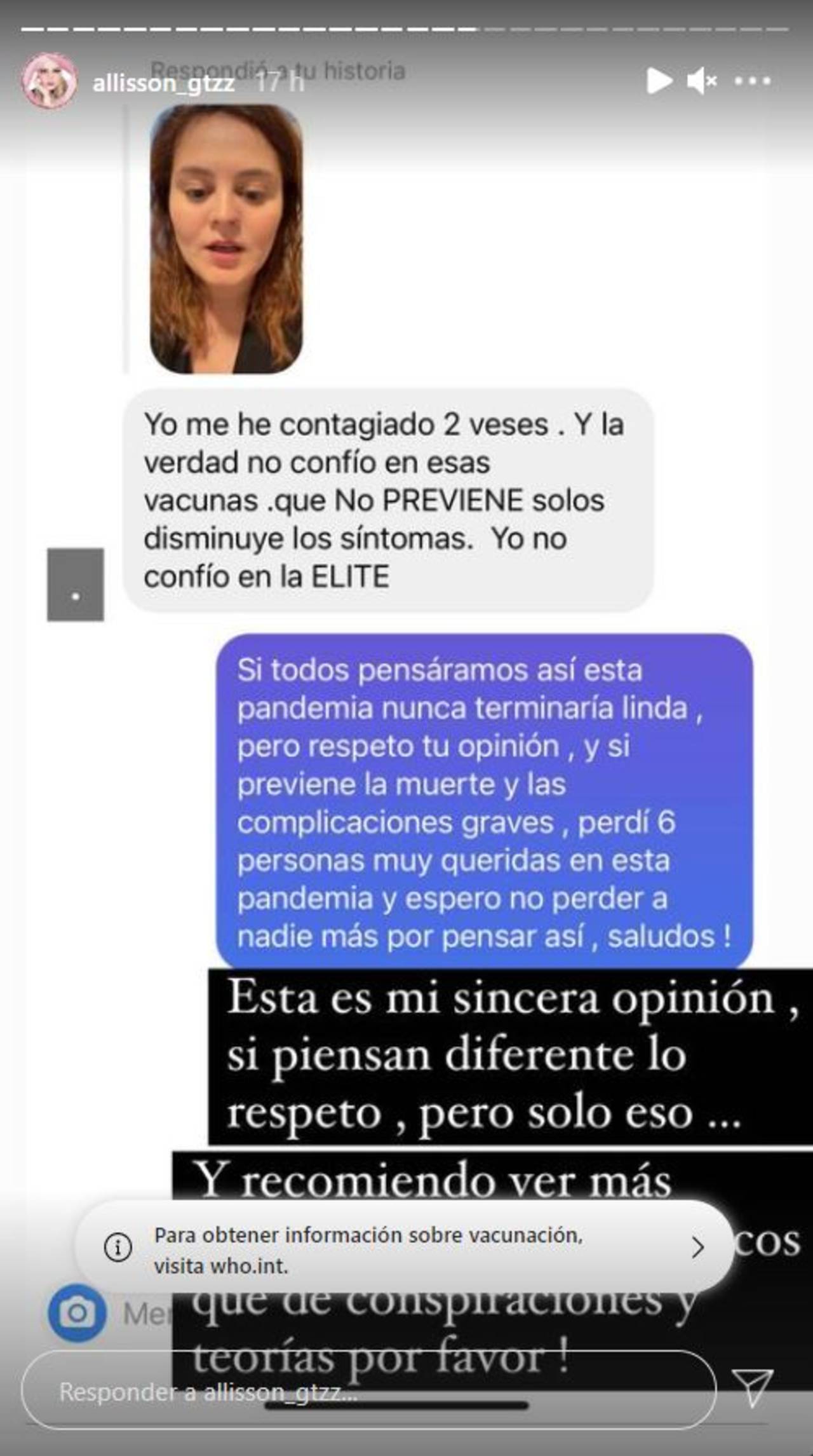 Allisson Lozz responde antivacunas vacunó covid