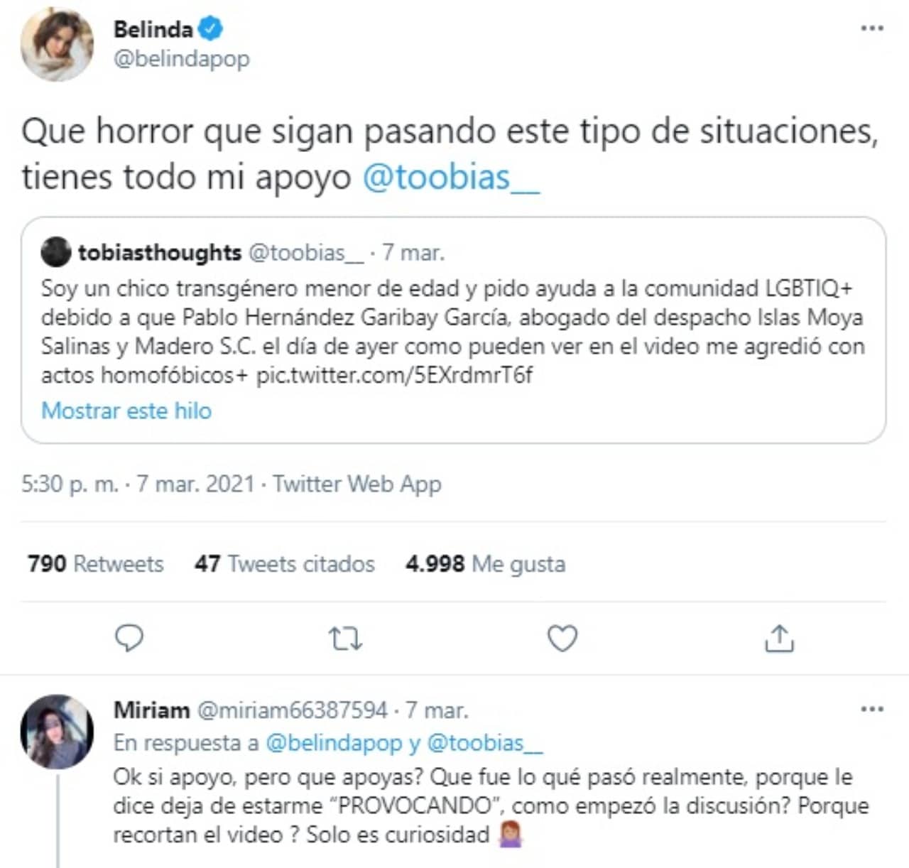 Tweet de Belinda defendiendo chico trans