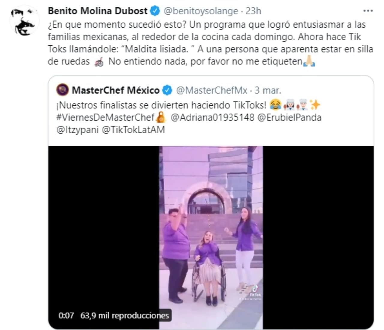 Tweet Benito Molina contra MasterChef