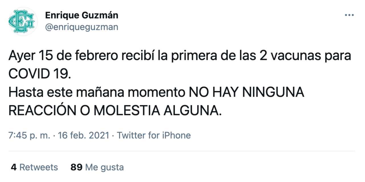 Enrique Guzmán se vacunó contra covid
