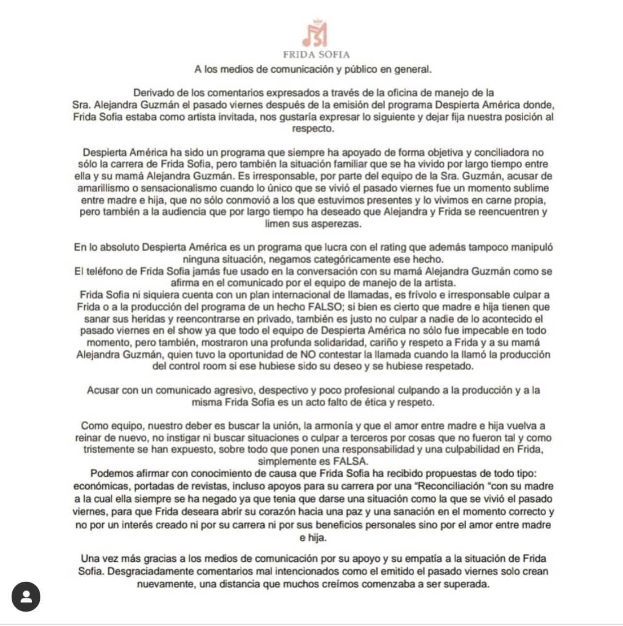 Frida Sofía hace comunicado sobre reconciliación con su mamá