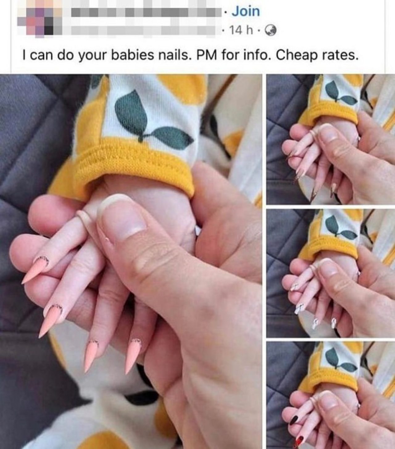 mamá pone uñas postizas bebé