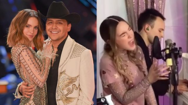 Belinda cantando y abrazada Nodal