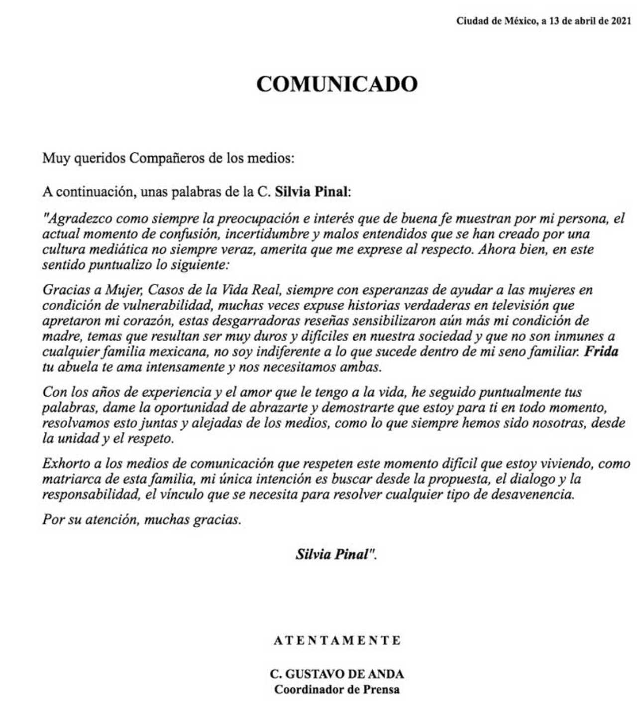 Silvia Pinal manda comunicado sobre Frida Sofía