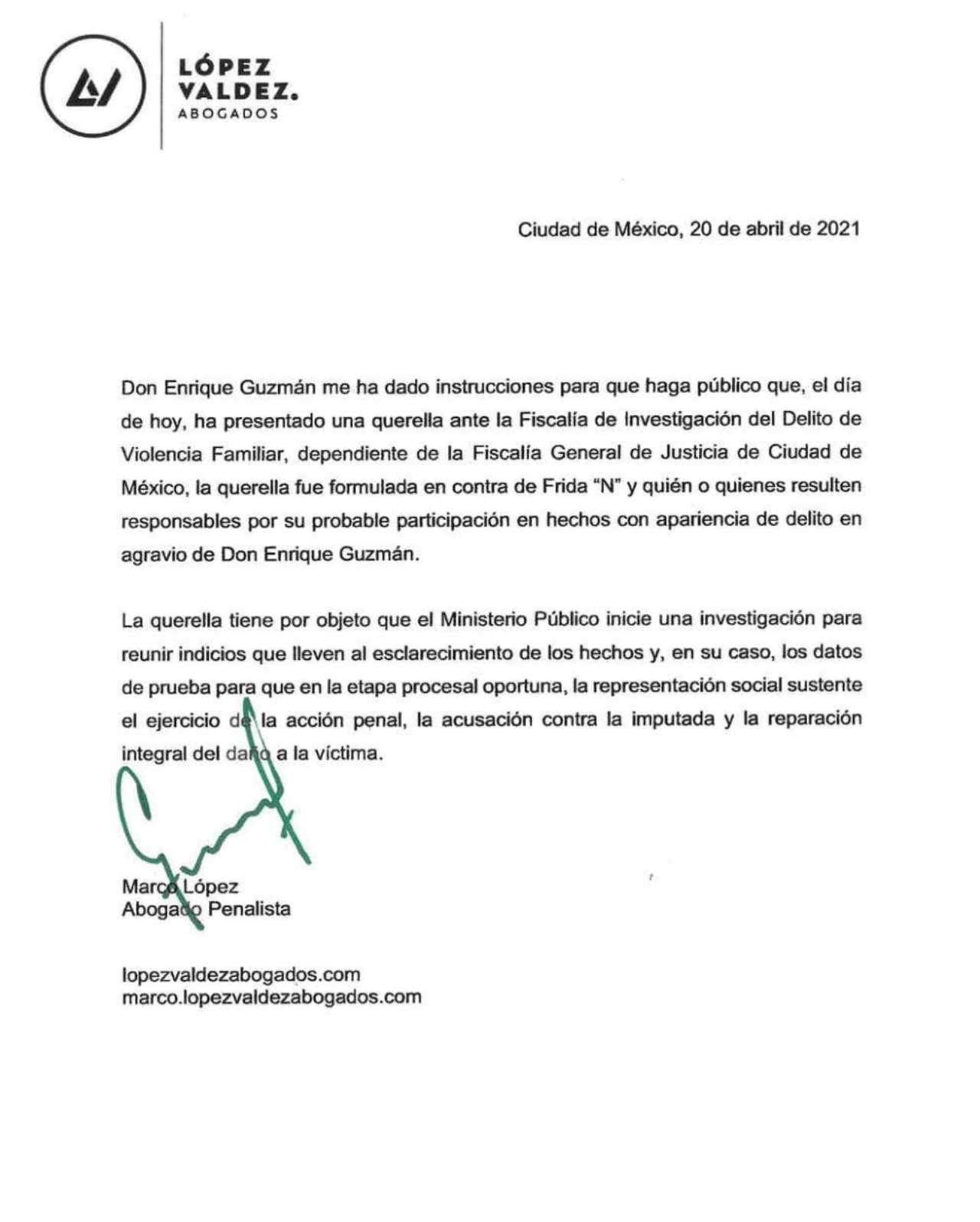 Denuncia de Enrique Guzmán contra Frida Sofía