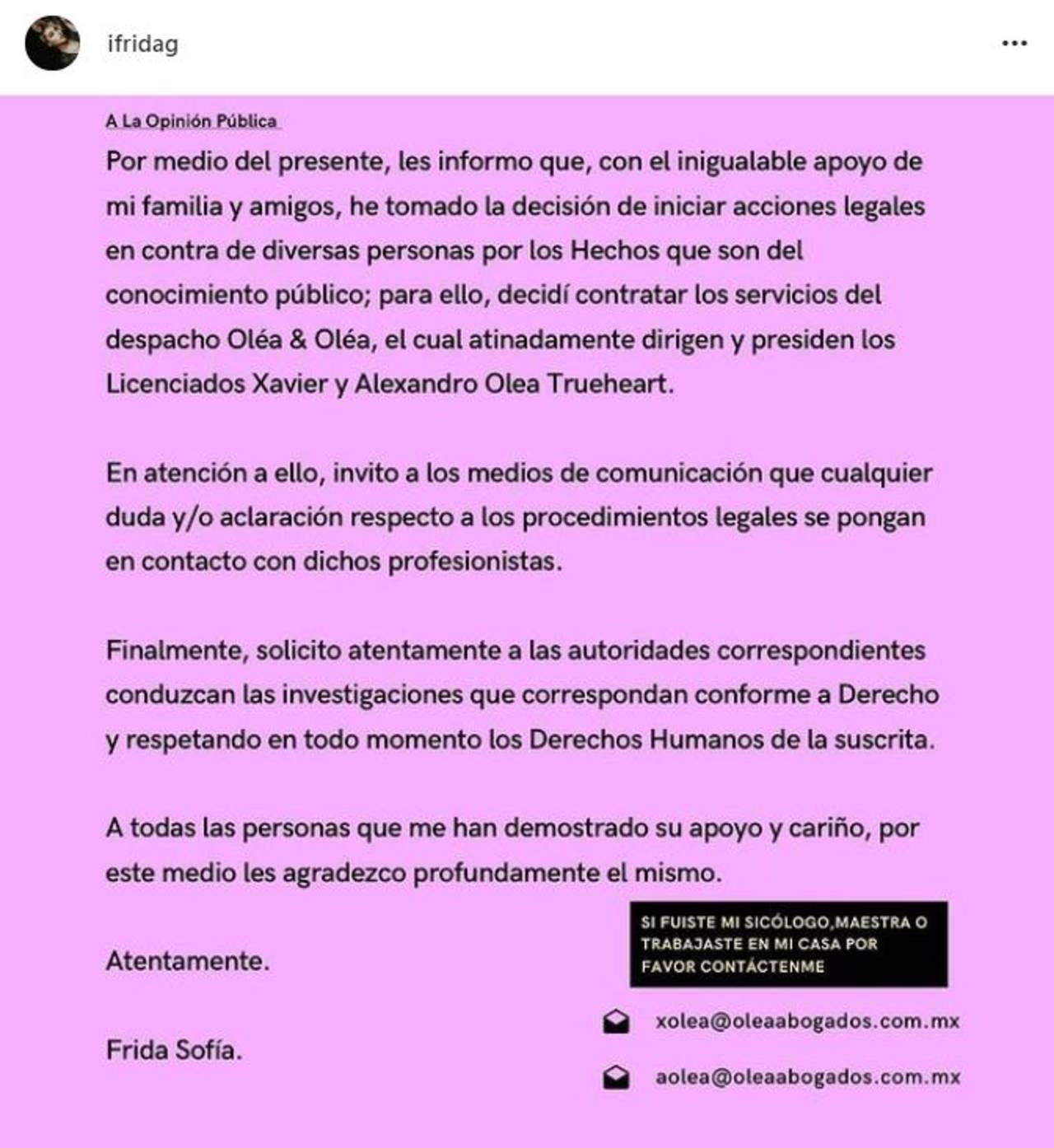 Frida Sofía inicia acciones legales Enrique Guzmán