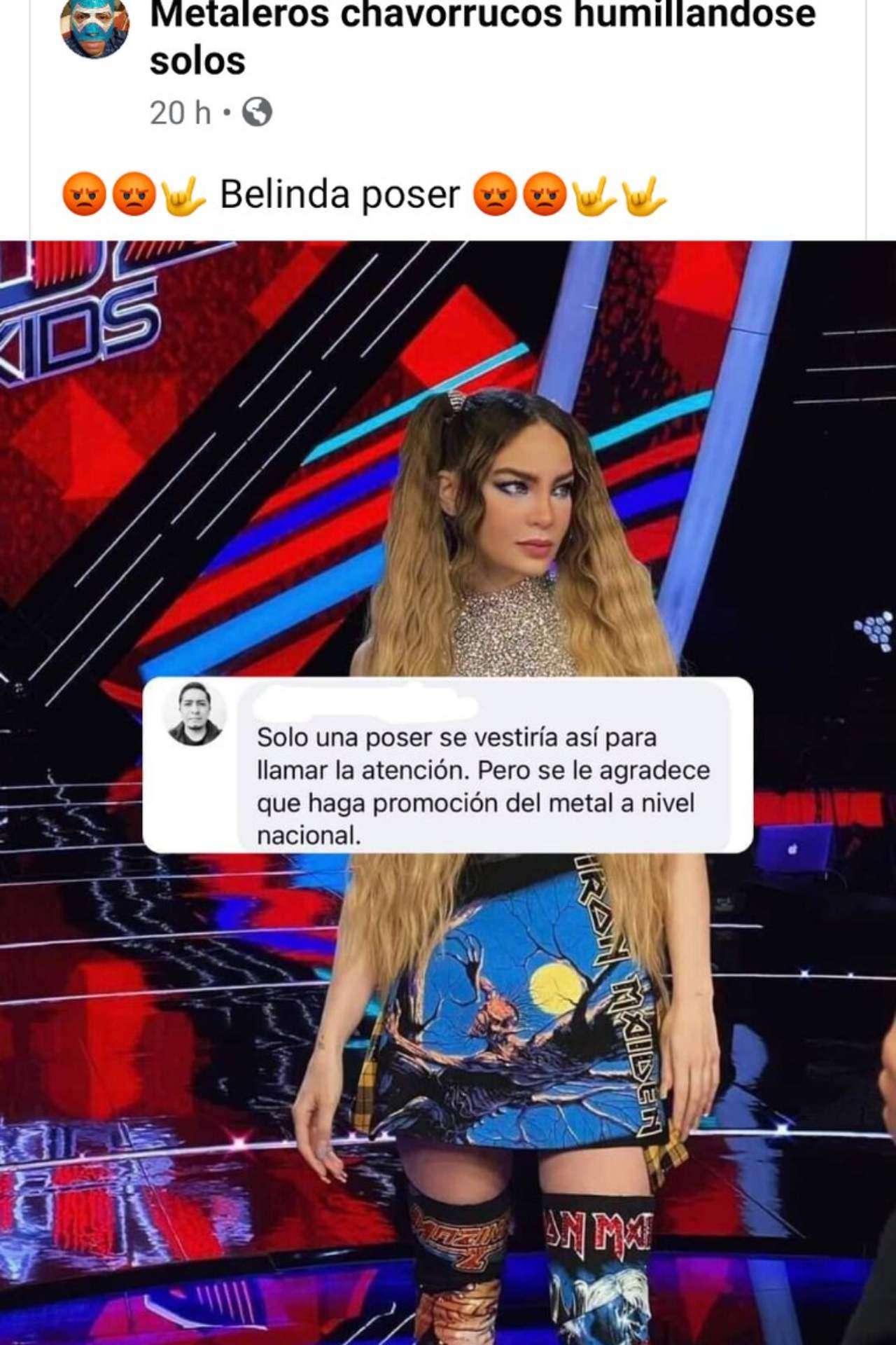 Belinda criticada por usar falda de Iron Maiden
