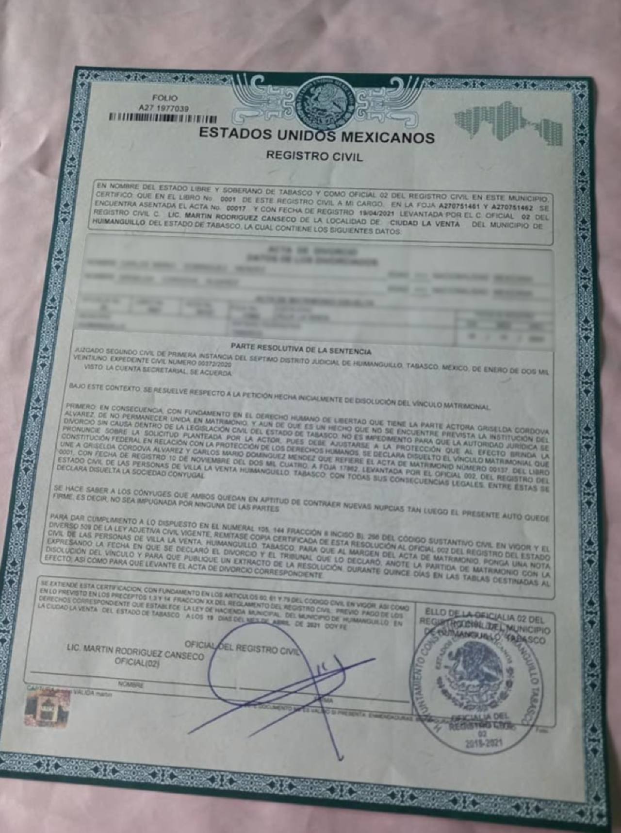 Acta divorcio mujer celebrÃ³