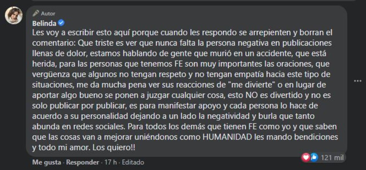 Belinda críticas apoyo metro víctimas