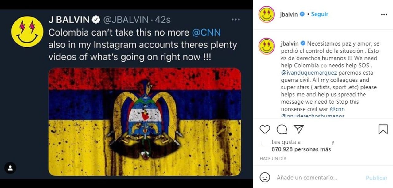 Famosos J Balvin protestas en Colobmia