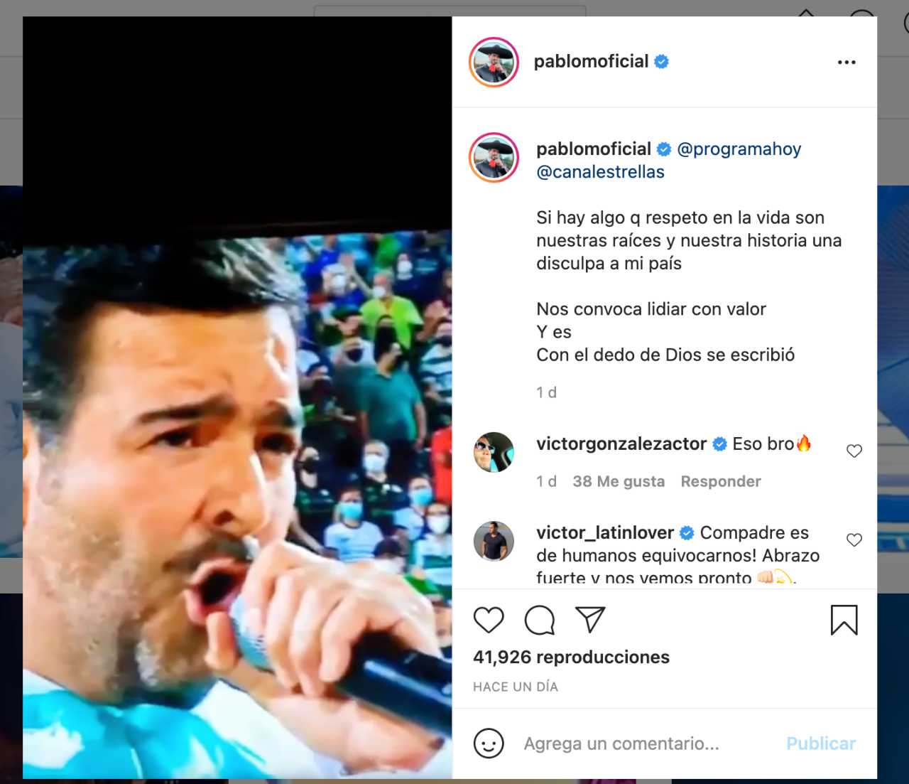 Pablo Montero se disculpa tras equivocarse con el Himno Nacional