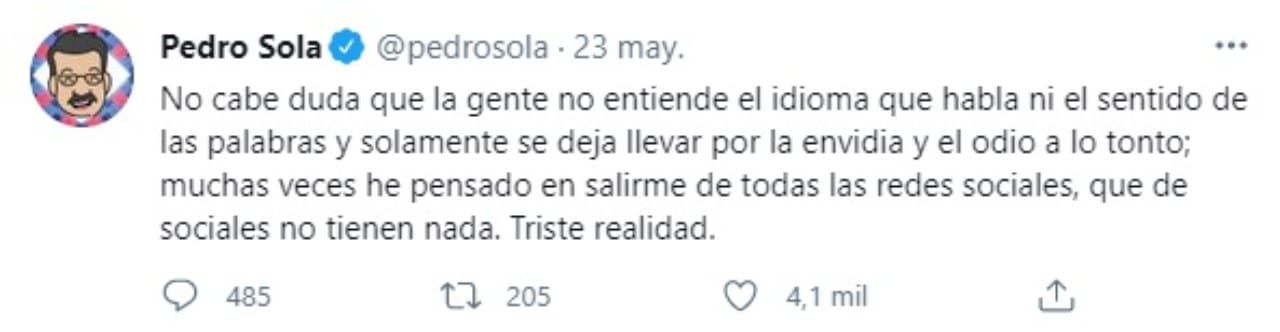 Pedrito Sola quiere retirarse redes