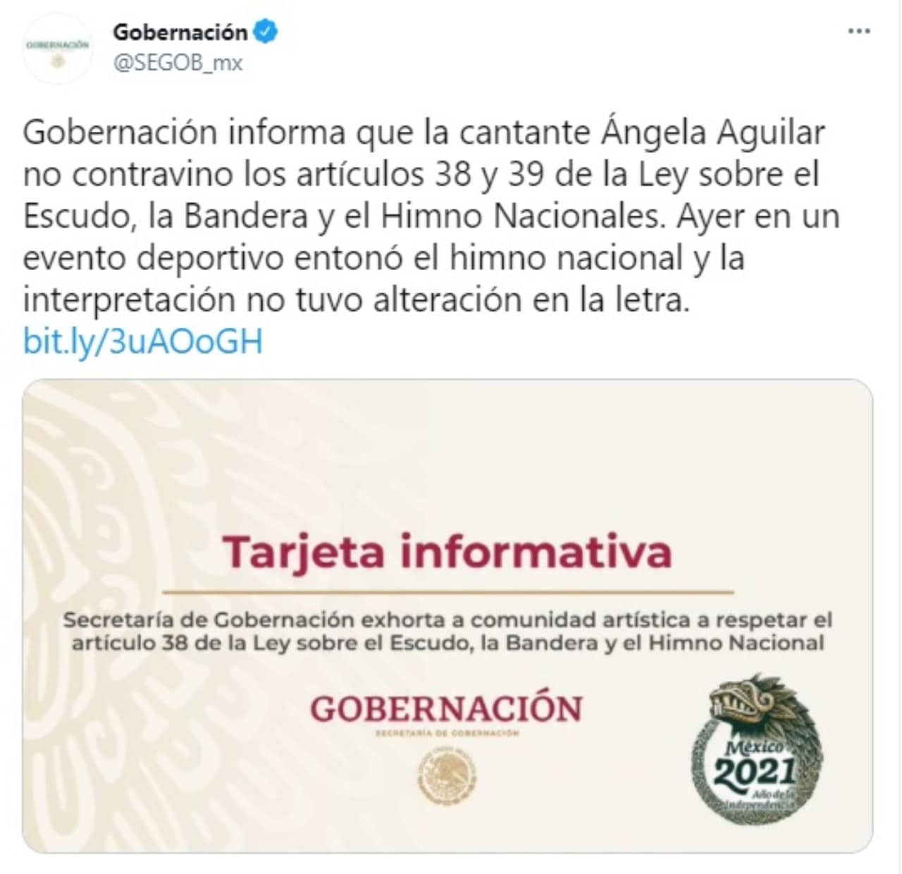 Segob no dara castigo a Angela Aguilar