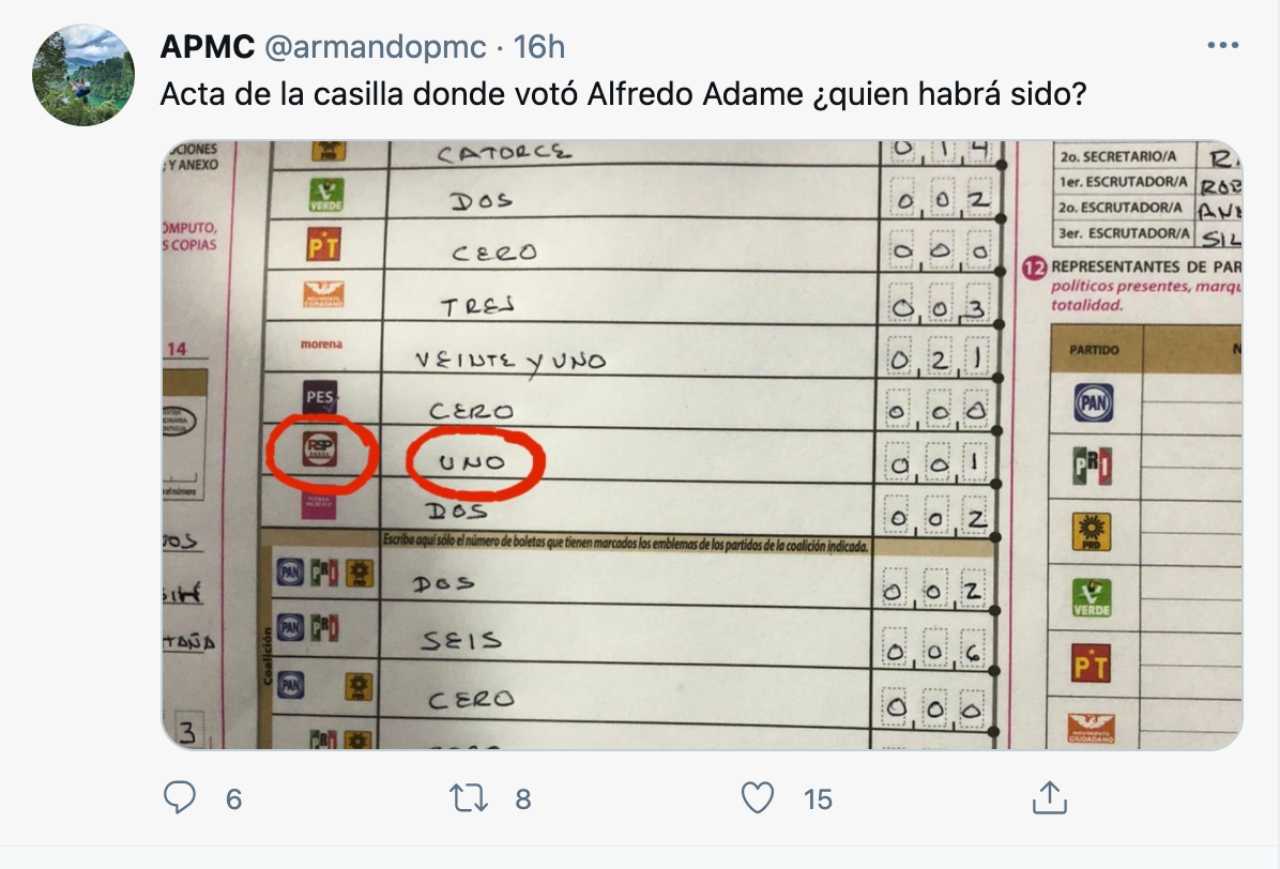 Alfredo Adame se llevó un voto, el suyo, donde votó
