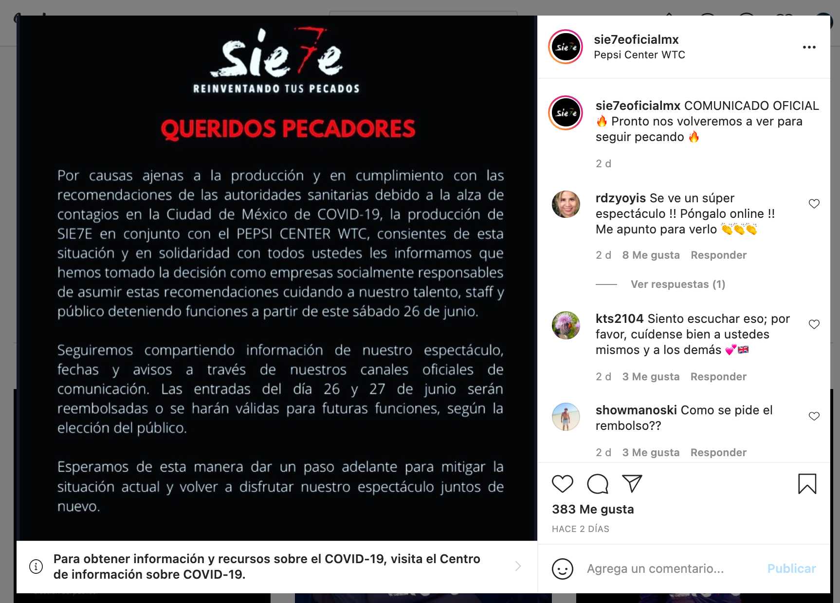 Cancelan el show Sie7e por la pandemia