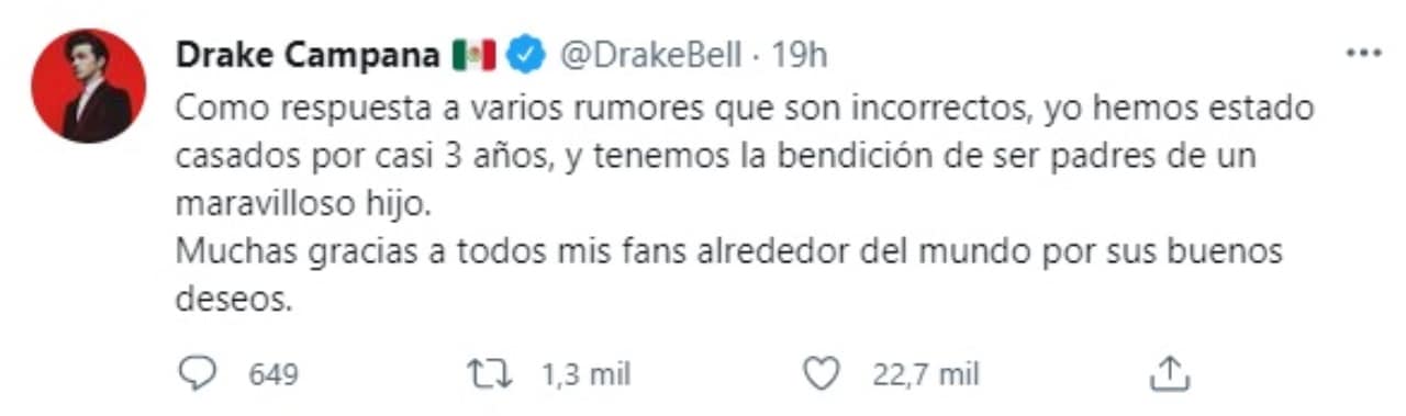 Drake bell tweet esposa e hijo