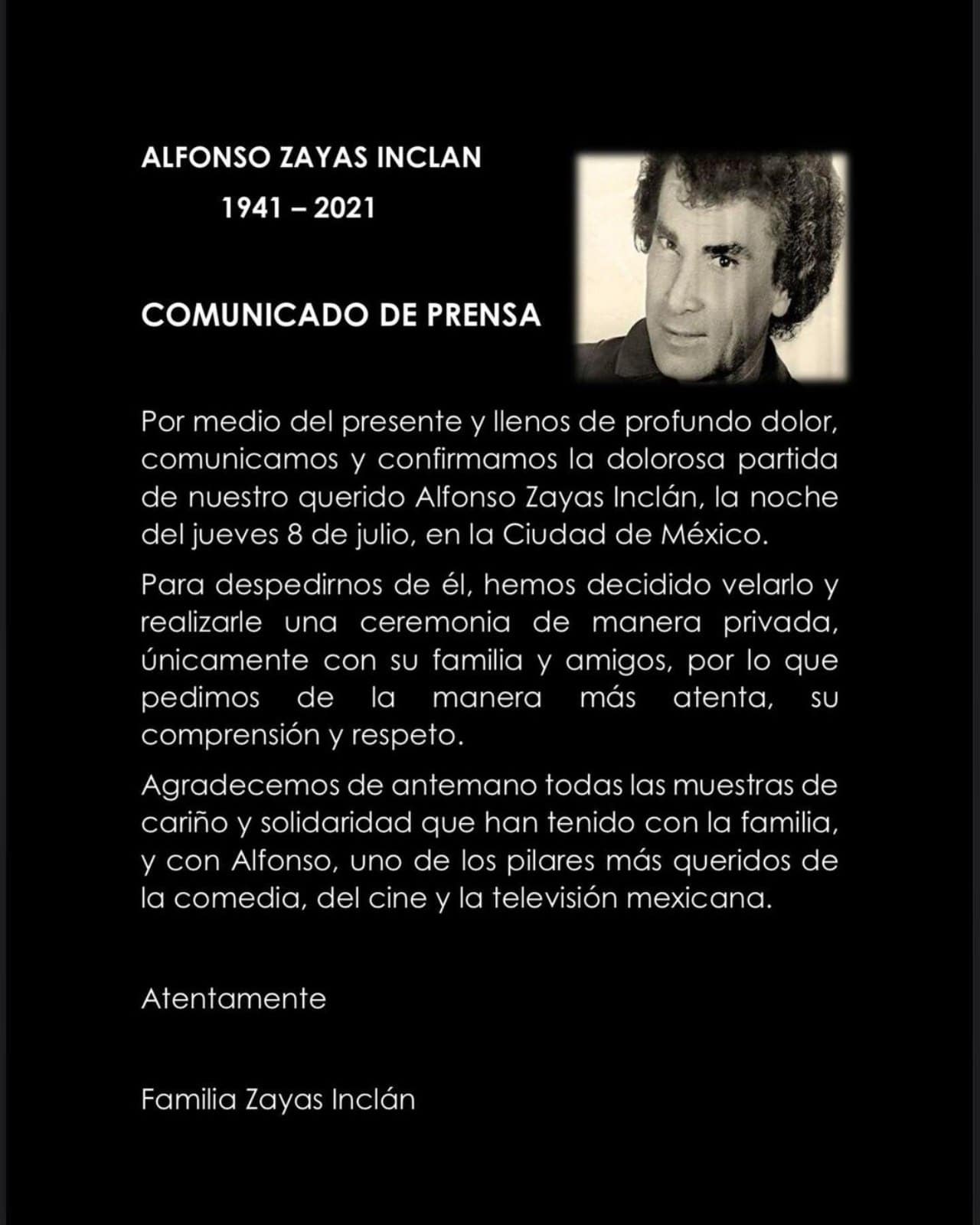 Comunicado muerte Alfonso Zayas 80 anos