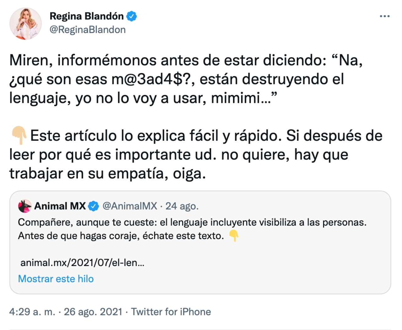 Regina Blandon apoya el lenguaje inclusivo