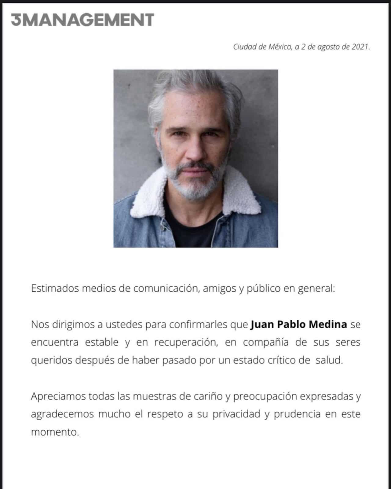Juan Pablo Medina estable en recuperacion