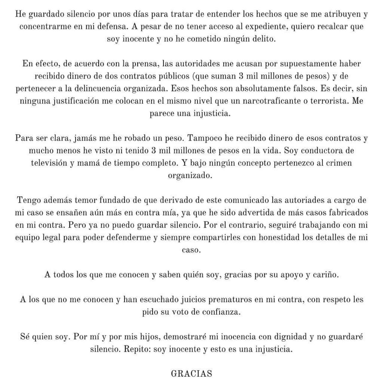 Comunicado Ines Gomez Mont inocente injusticia