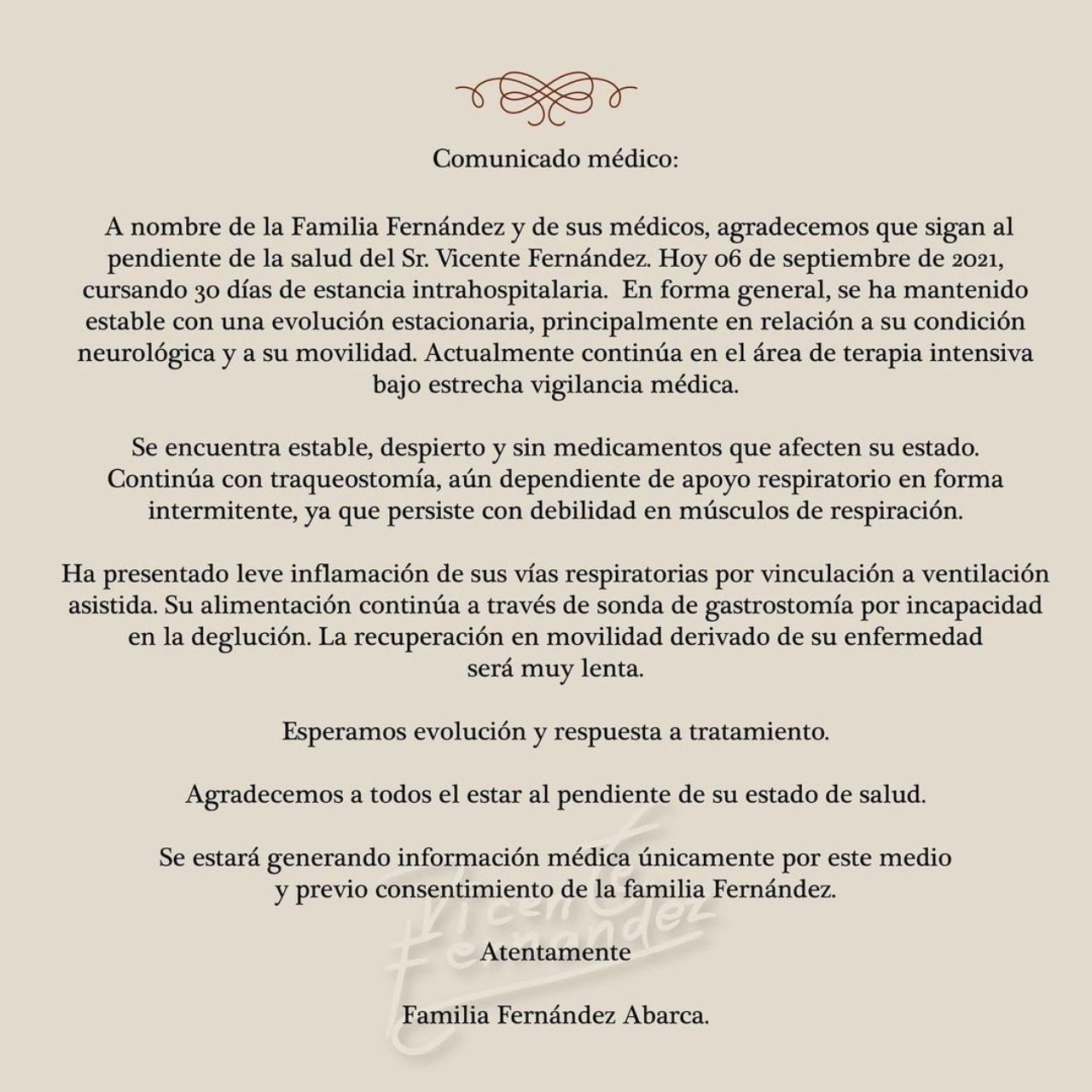 Comunicado estado salud Vicente Fernandez Covid