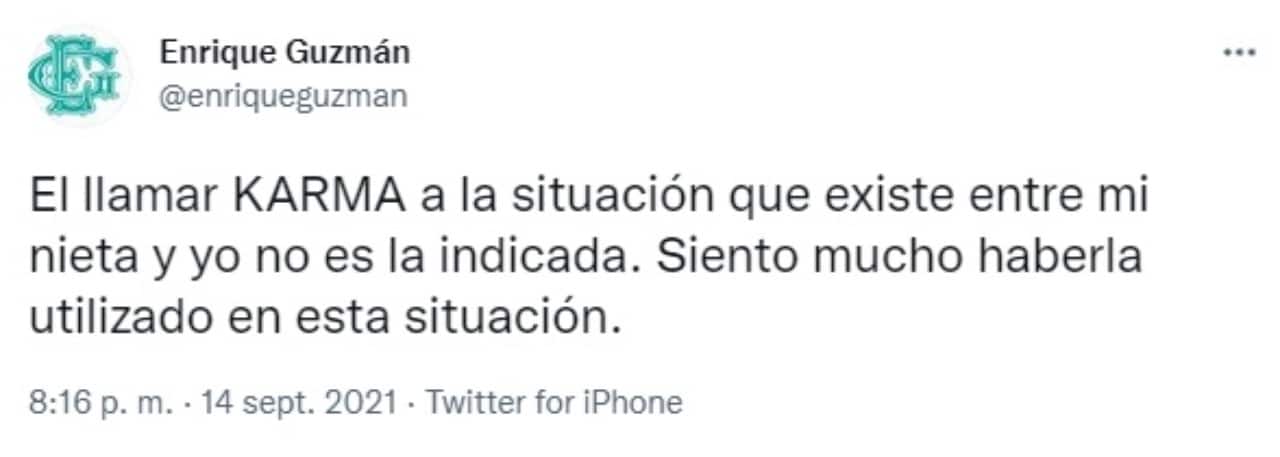 tweet Enrique Guzman arrepentido decir karma